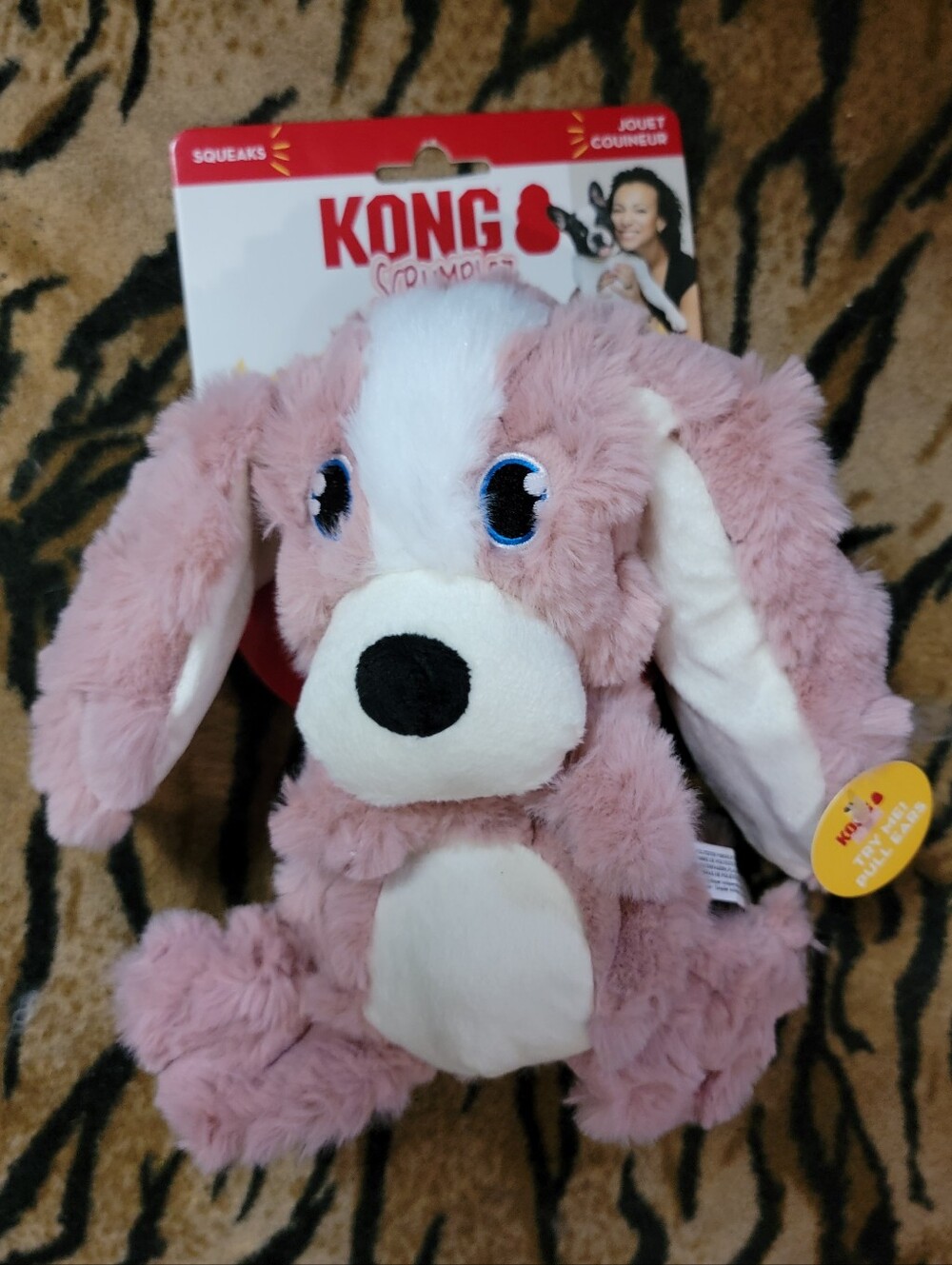 Kong Dog Pupoy Scrumples Pink & White Plush Squeaky Dog Toy Ears Slides